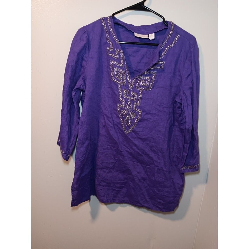 Chicos Top Womens Sz 1 Oversized Purple Linen Beaded V-Neck Casual Basic